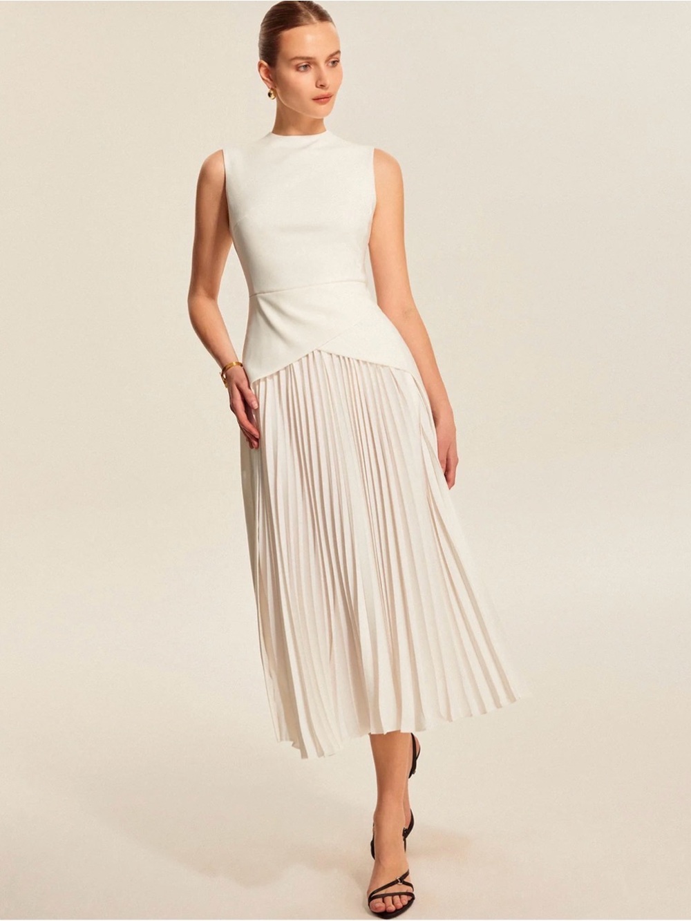 Commense Sleeveless Pleated Midi Dress - Cream